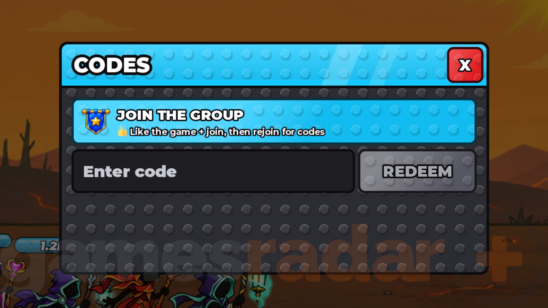 The Roll a Stickman codes redemption box as seen in-game.