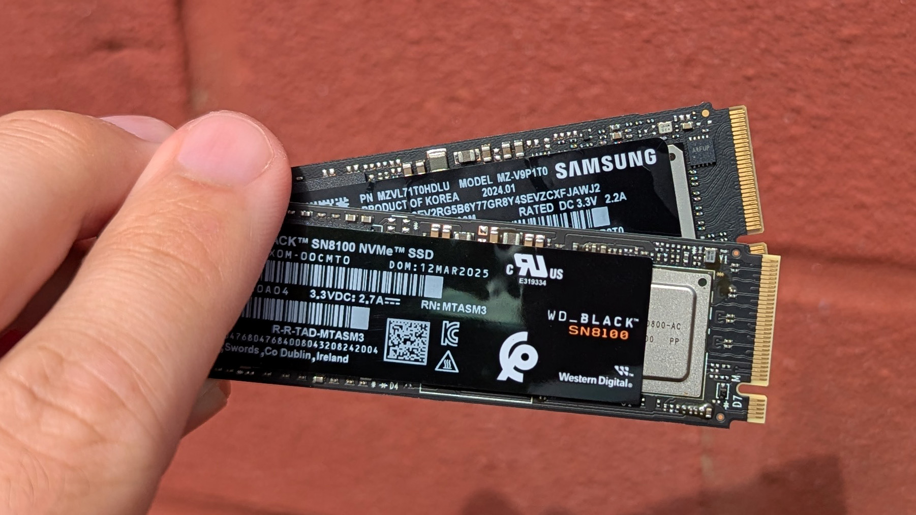 WD_BLACK SN8100 2TB PCIe 5.0 SSD held with Samsung 990 PRO 1TB PCIe 4.0 SSD in front of a red brick wall