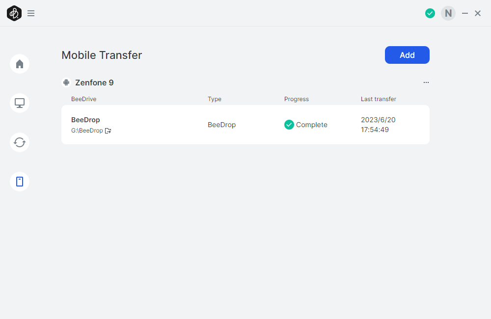 Synology BeeDrive mobile transfer and BeeDrop screen