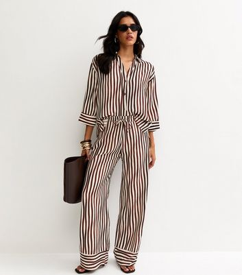 Brown and Cream Soft Touch Striped Wide Leg Trousers