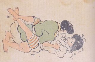 This drawing from the self-defense book shows an abdomen strangulation technique that can render an attacker trying to rape a woman unconscious.