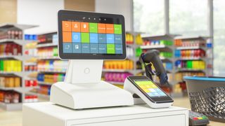 Best retail POS system (point of sale system) shown in supermarket environment in bright colours on LED screen