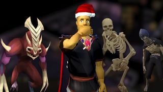 RuneScape character in Santa hat surrounded by demons