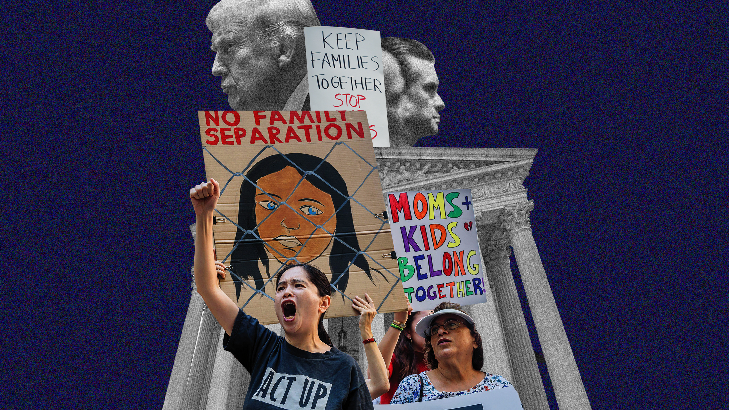 Protesters stand in front of a courthouse holding colorful signs that read \201cNo Family Separations,\201d \201cKeep Families Together Stop,\201d and \201cMoms + Kids Belong Together.\201d Behind them are black-and-white cutouts of Donald Trump above the courthouse columns.