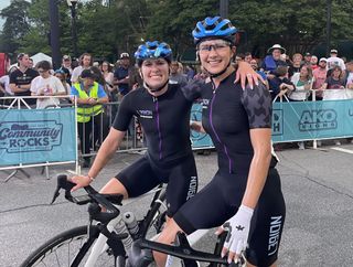 Athens Twilight Criterium winner Alexis Magner gets a hug from sister Kendall Ryan after the race