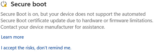 The Windows Secure boot section on the Device Security dashboard, showing that Secure Boot is not supported for the latest Secure Boot certificate.