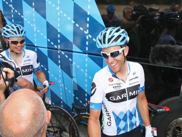 Christian Vande Velde and Tom Danielson (Garmin-Cerv&eacute;lo) can hardly feel the pain of the day after teammate Tyler Farrar wins his first Tour de France stage.