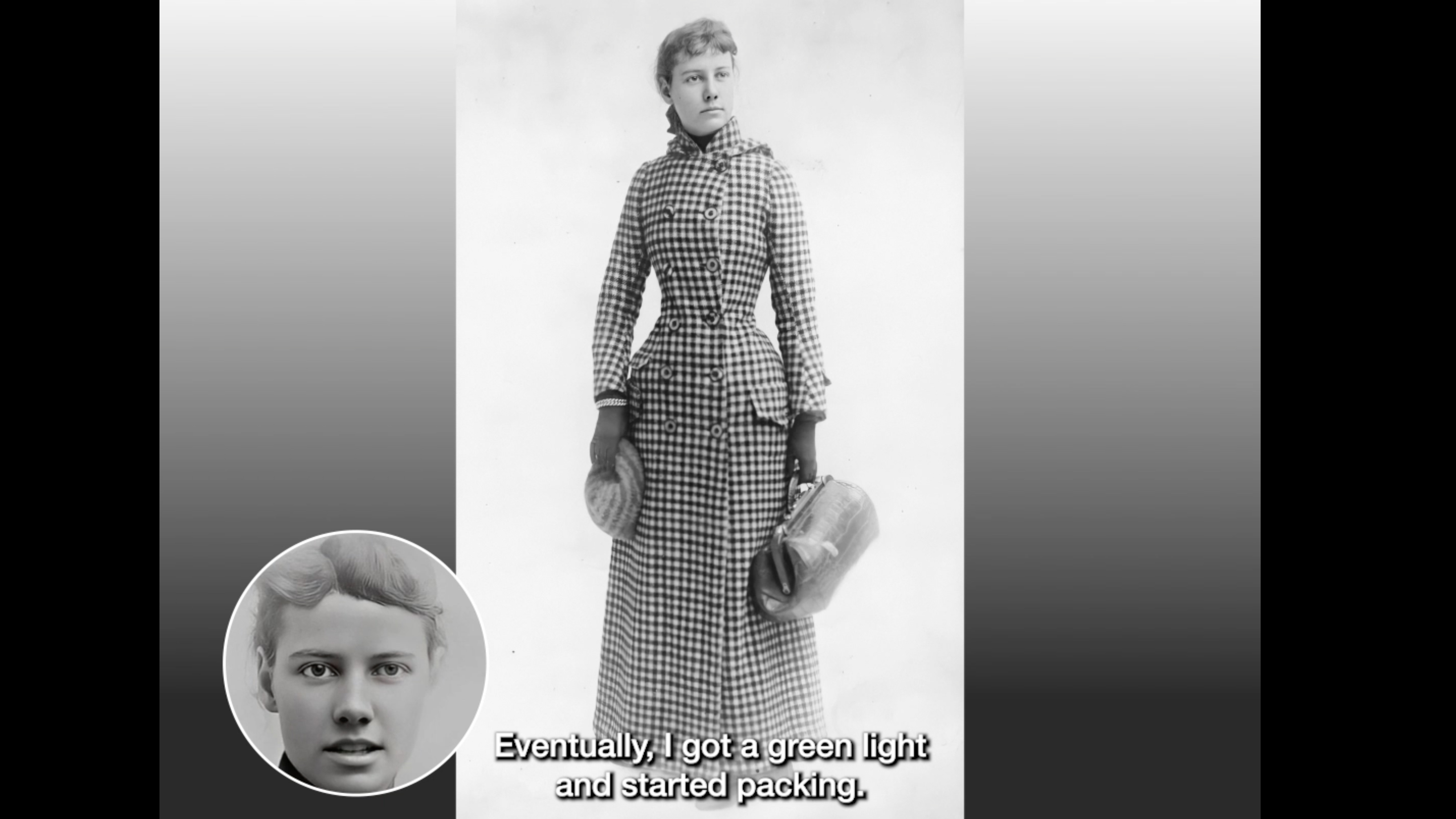 A black and white photo of a woman carrying a small bag