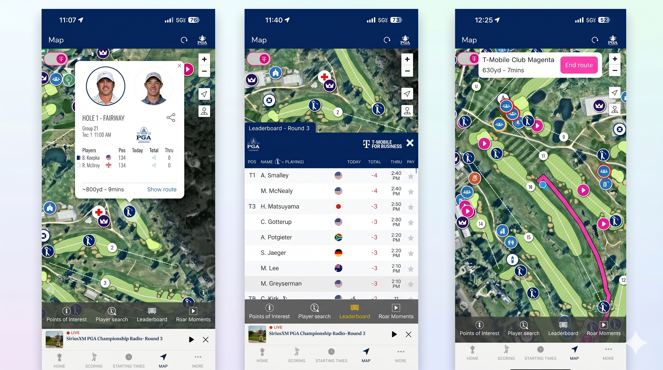 Screenshots of the golfer tracking features of the PGA Championship app