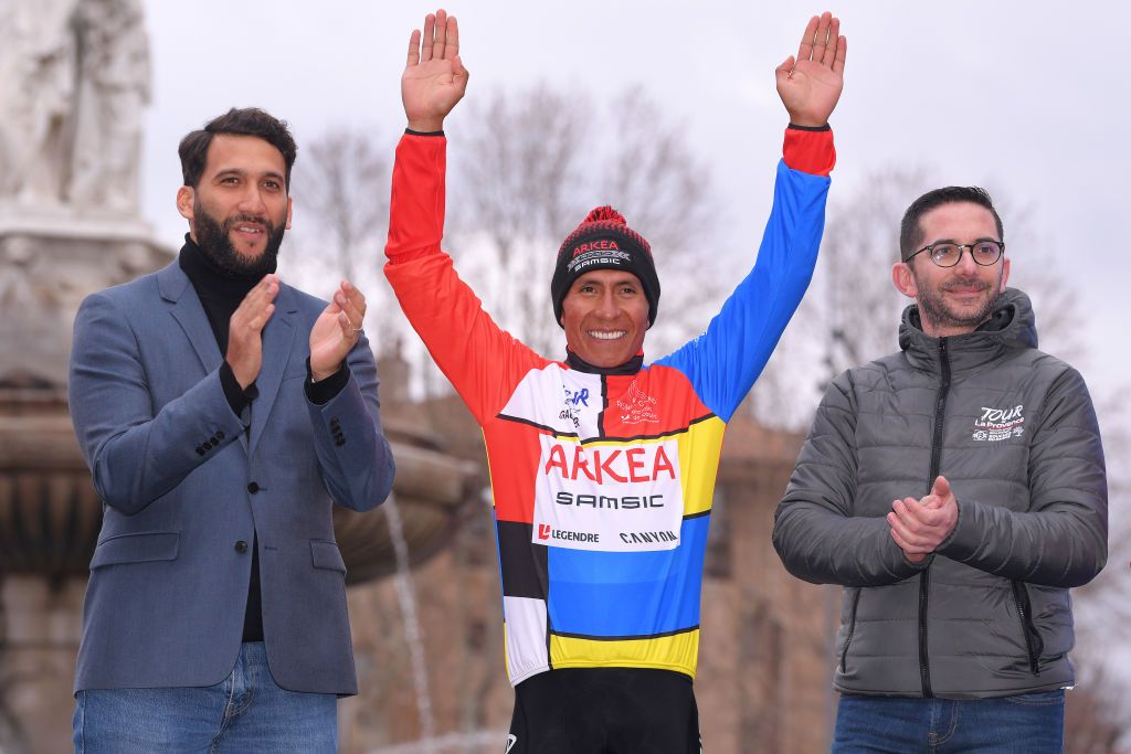 AIXENPROVENCE FRANCE FEBRUARY 16 Podium Nairo Quintana of Colombia and Team Arka Samsic Multicolour Leader Jersey Celebration during the 5th Tour de La Provence 2020 Stage 4 a 1705km stage from Avignon to AixEnProvence TDLP letourdelaprovence TDLP2020 on February 16 2020 in AixEnProvence France Photo by Luc ClaessenGetty Images