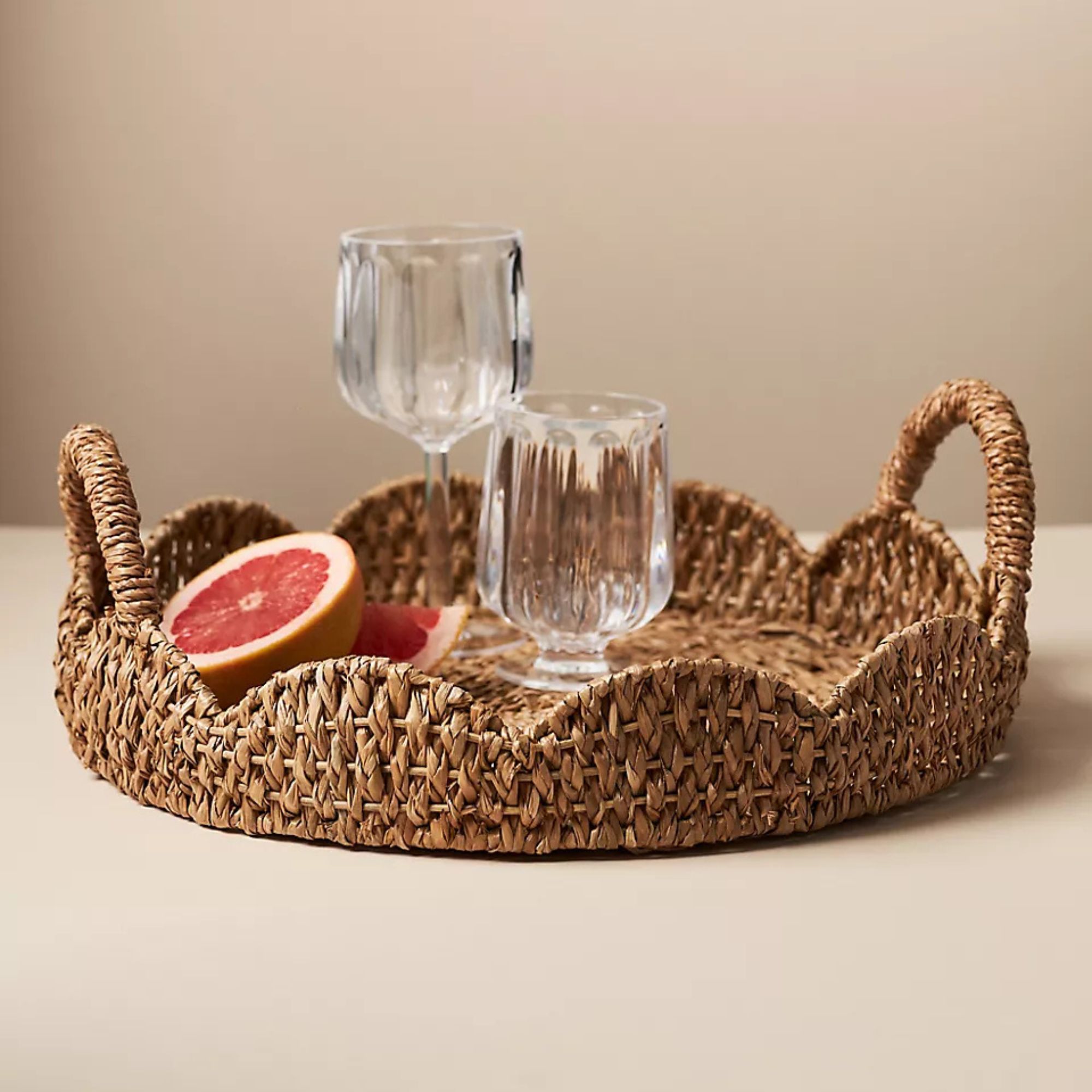 Scalloped Braided Rattan Handle Tray