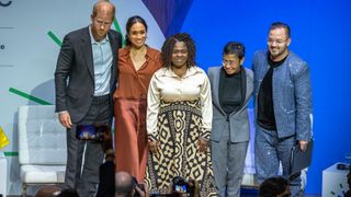 Prince Harry, Duke of Sussex and Meghan, Duchess of Sussex, Francia Marquez, Maria Ressa and Felipe Galvis pose for a picture after a forum about digital responsibility at EAN University