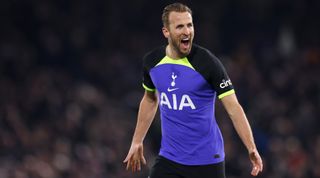 Manchester United-linked Harry Kane of Tottenham Hotspur celebrates after scoring during the Premier League match between Fulham and Tottenham Hotspur on 23 January, 2023 at Craven Cottage in London, United Kingdom.