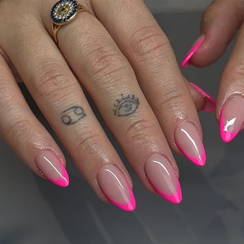 30pcs Hot Pink French Tip Press on Nails Short Almond Press Ons, Neon Short Fake Nails Almond Shaped Acrylic French False Glue on Nails for Women, Natural Stiletto Nail 15 Sizes