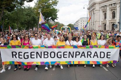 A view of the 2023 pride parade in Vienna, Austria. 