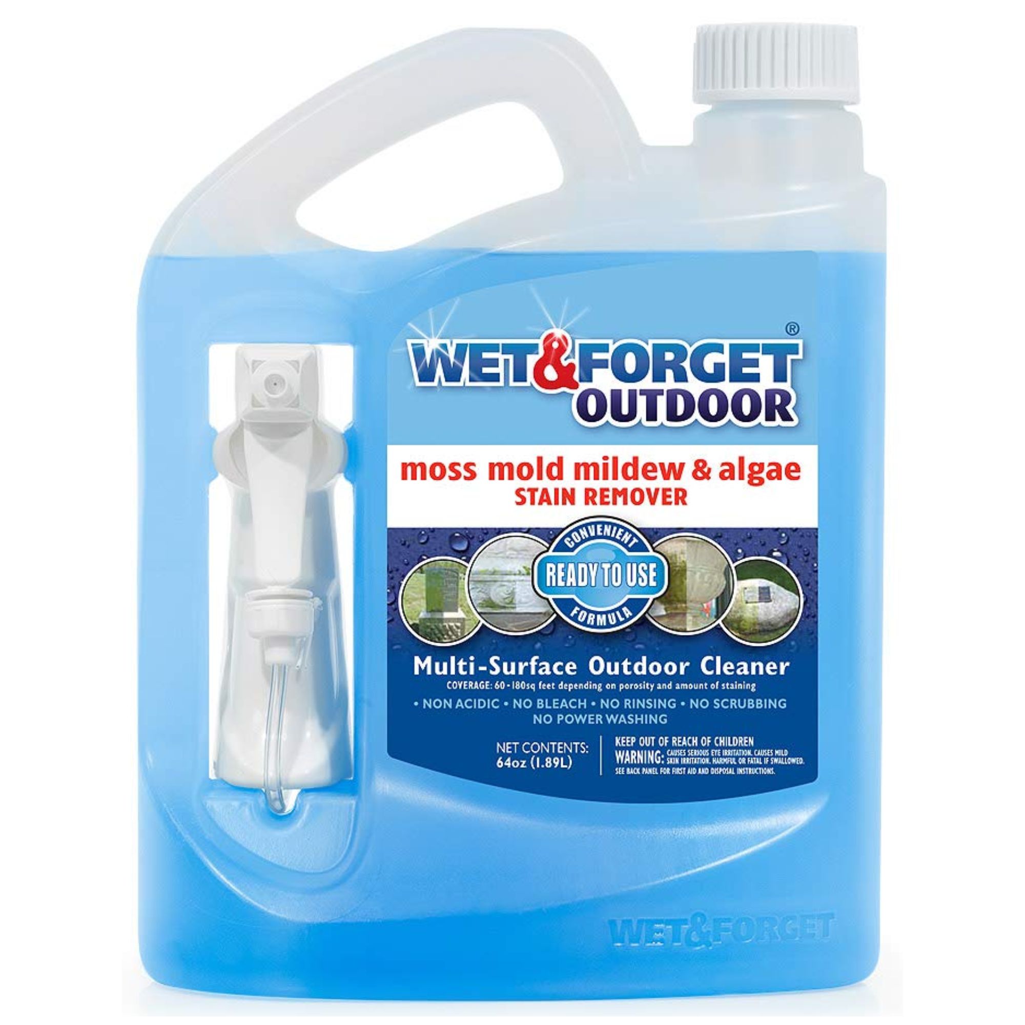 Blue Wet &amp;amp; Forget outdoor liquid in a clear plastic bottle