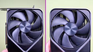 A split view of the Nvidia GeForce RTX 5090's dual fan passthrough design