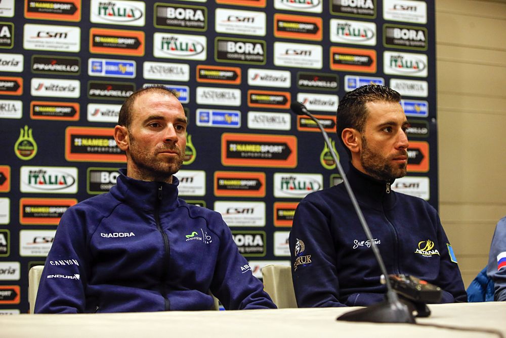 Alejandro Valverde (Movistar) and Vincenzo Nibali (Astana) at the Tirreno-Adriatico press conference