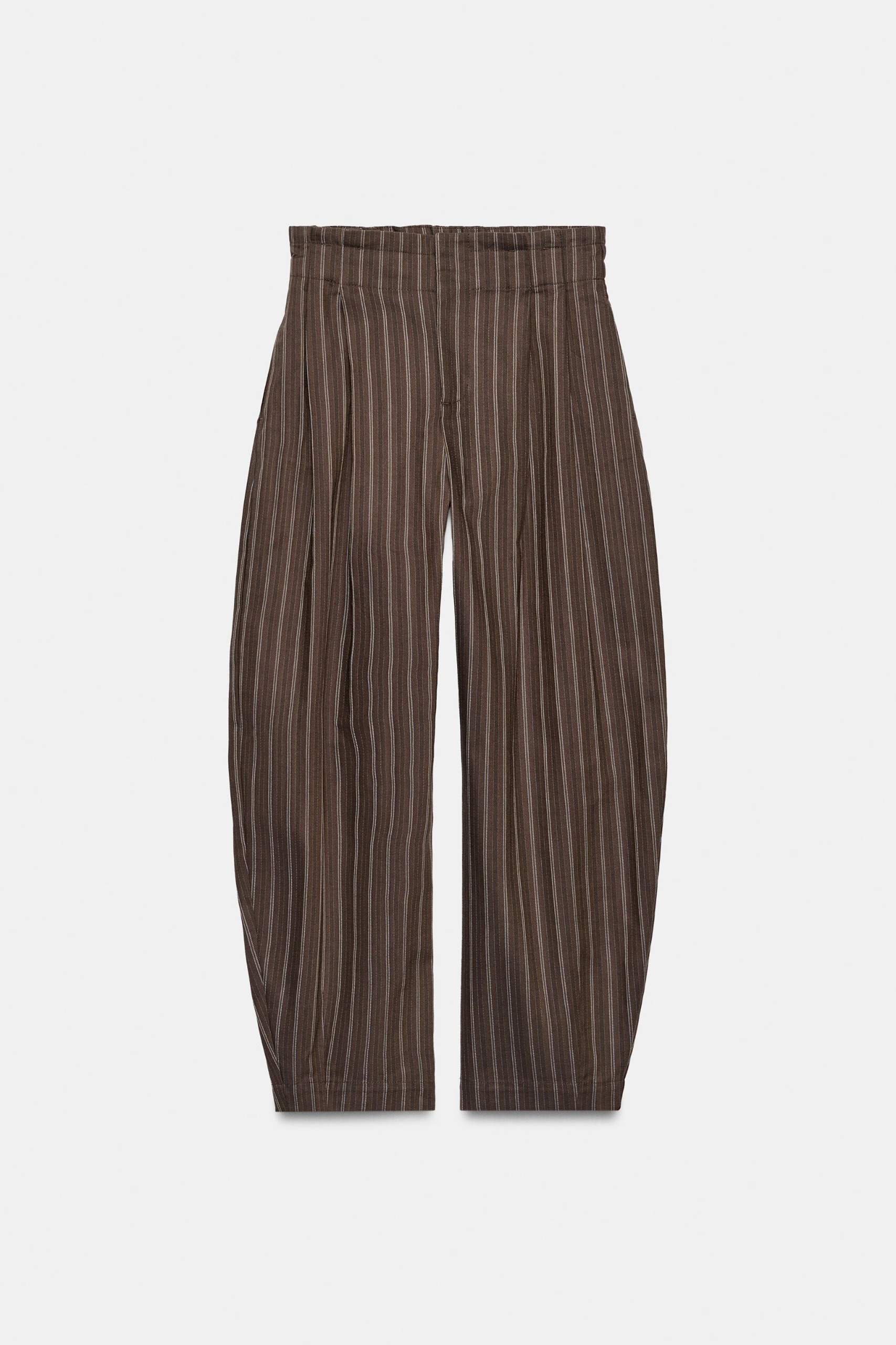 Striped Paperbag Balloon Pants - Brown-Blue - Xs