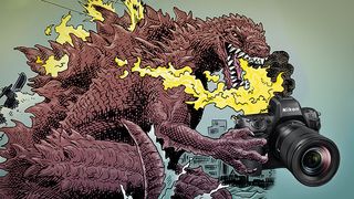 An illustration of a rampaging Godzilla with a Nikon Z8