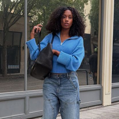 Influencer Claire Most wearing J.Crew Tiny Rollneck Sweater in blue