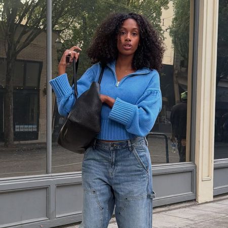 Influencer Claire Most wearing J.Crew Tiny Rollneck Sweater in blue