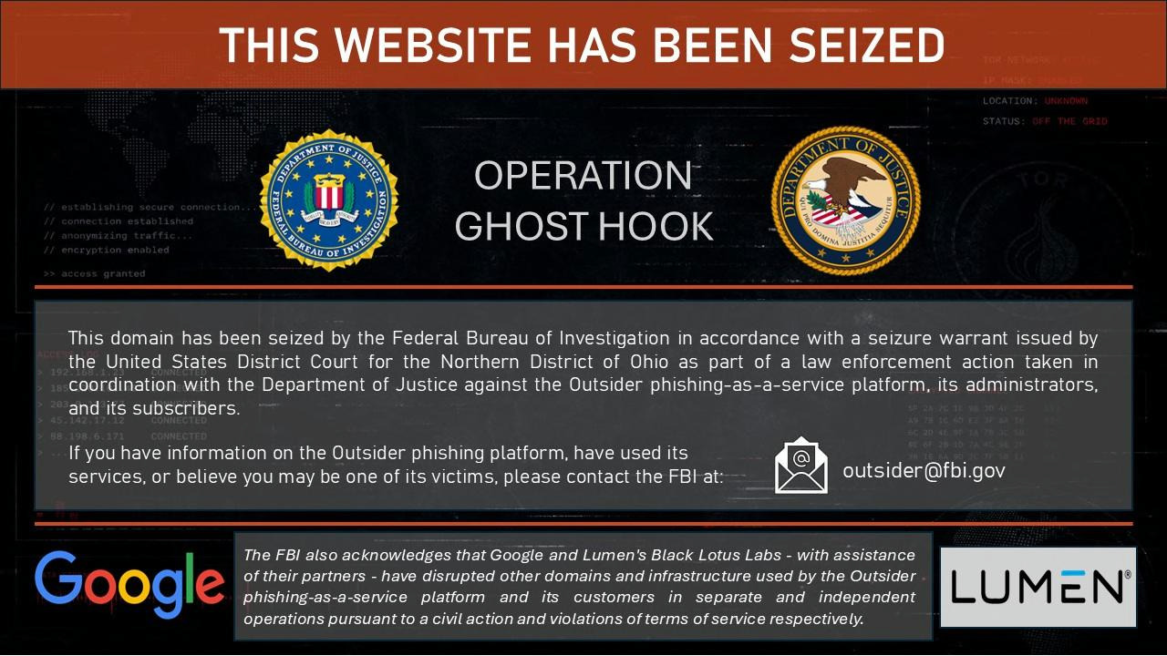 An FBI takedown notice for a site caught under Operation Ghost Hook.