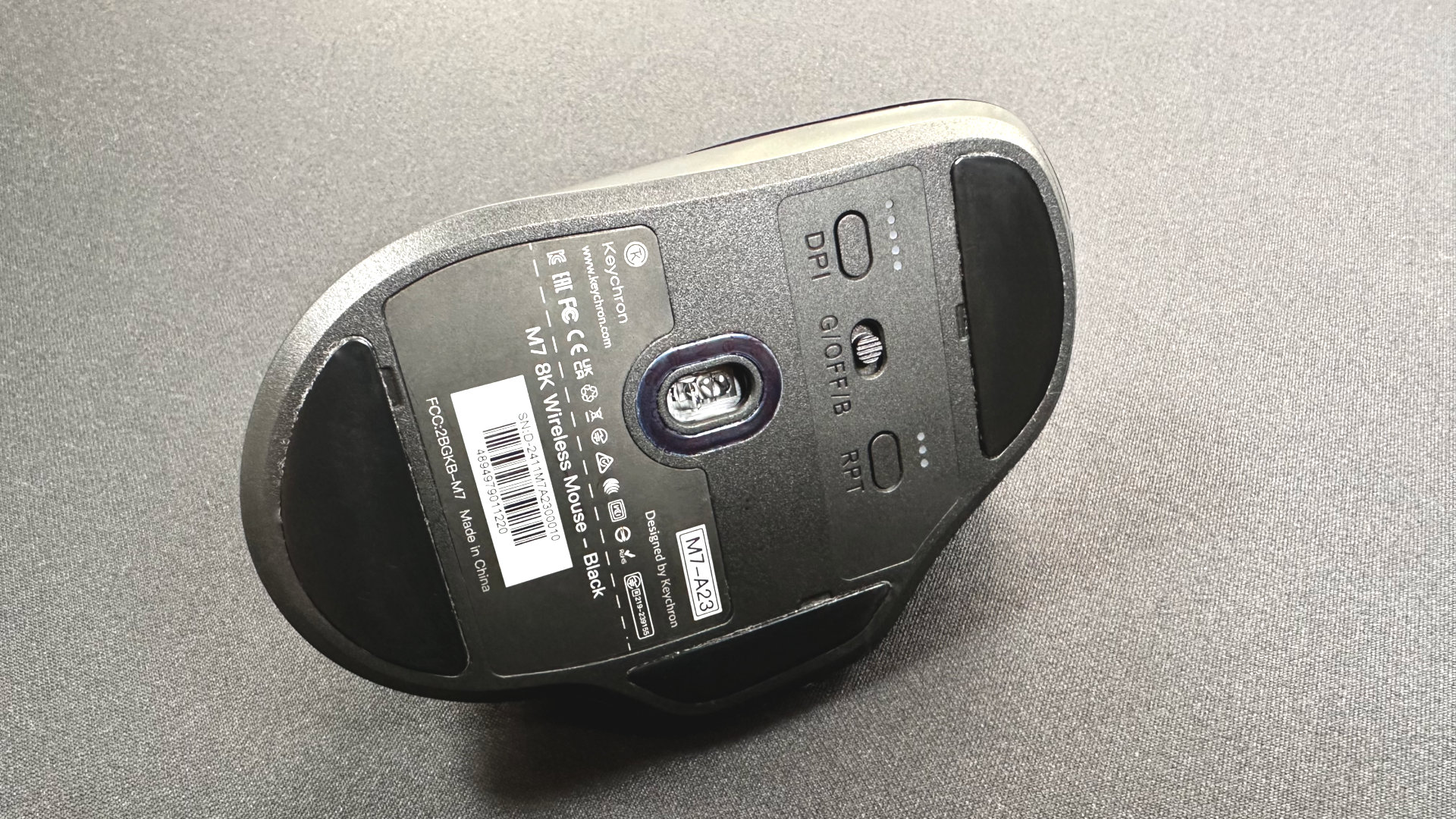 A photo of a Keychron M7 8K Wireless gaming mouse.