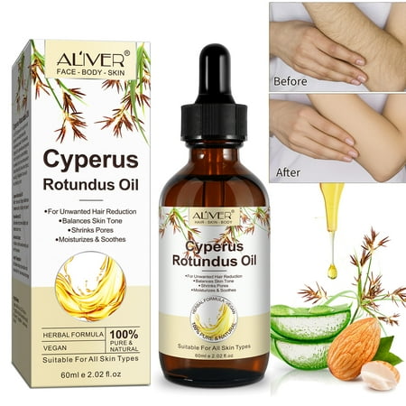 Aliver 100% Pure Cyperus Rotundus Oil 60ml for Hair Removal, Natural Reduce Body Hair, Skin Tone Balancer With Sweet Almond &amp;amp; Aloe Vera