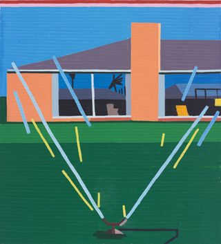 Abstract painting of a sprinkler on the lawn in front of a building