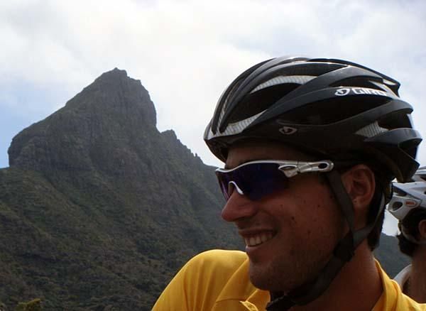 Race overall winner Yannick Lincoln in front of a mountain called Gorilla