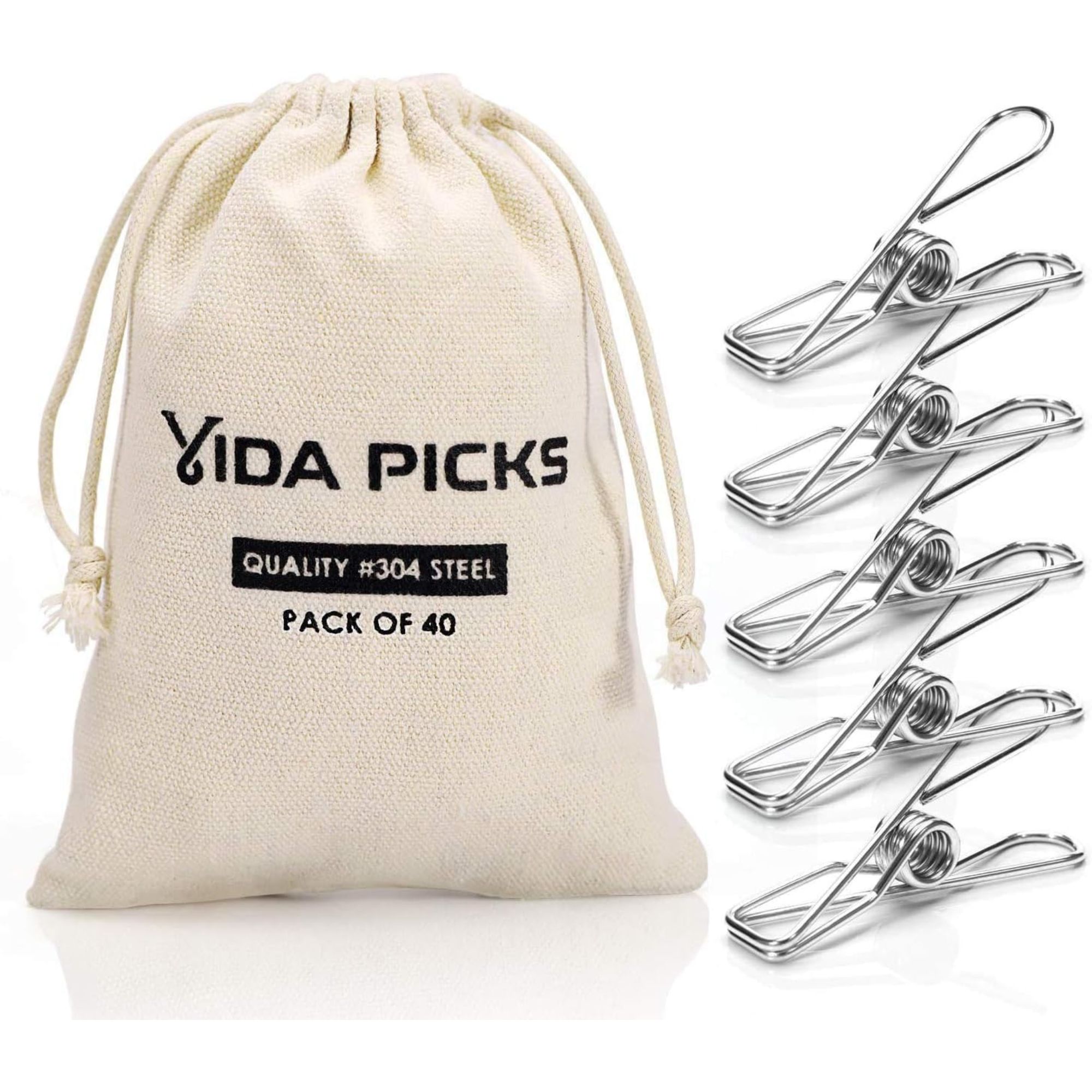 Stainless steel laundry pegs with a pale beige drawstring storage bag
