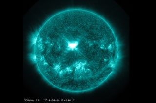 The sun unleashed an X-class solar flare — the most powerful type of solar eruption — on Sept. 10, 2014. This image of the Earth-directed flare was taken by NASA's Solar Dynamics Observatory.
