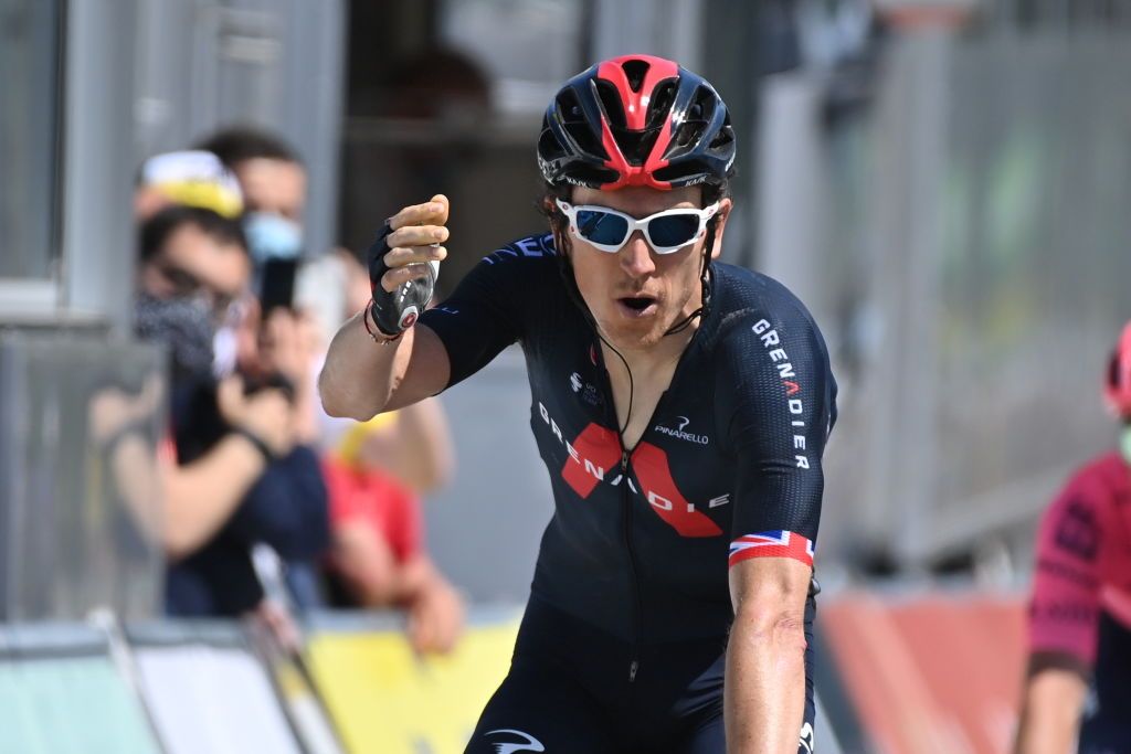 British Geraint Thomas of Ineos Grenadiers celebrates as he crosses the finish line to win the fifth stage of the 73rd edition of the Criterium du Dauphine cycling race 1745km from Saint Chamond to SaintVallier France Thursday 03 June 2021BELGA PHOTO DAVID STOCKMAN Photo by DAVID STOCKMANBELGA MAGAFP via Getty Images