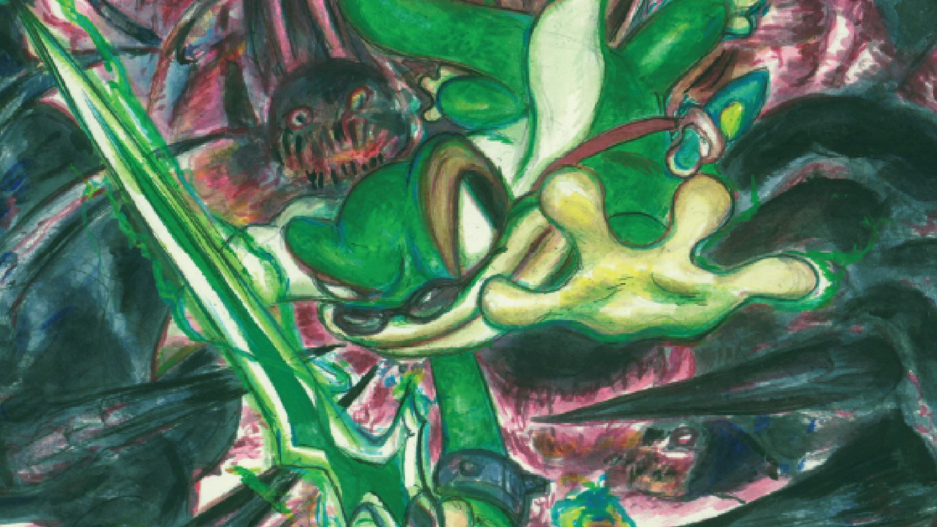 Yoshitaka Amano's artwork for the Gex Trilogy, featuring the titular gecko character escaping shadowy creatures