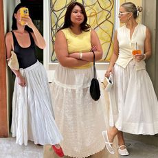 fashion collage featuring three style influencers including Mimi Nguyen, Marina Torres, and Izzy Dilger all wearing chic summer outfits with full white skirts trend