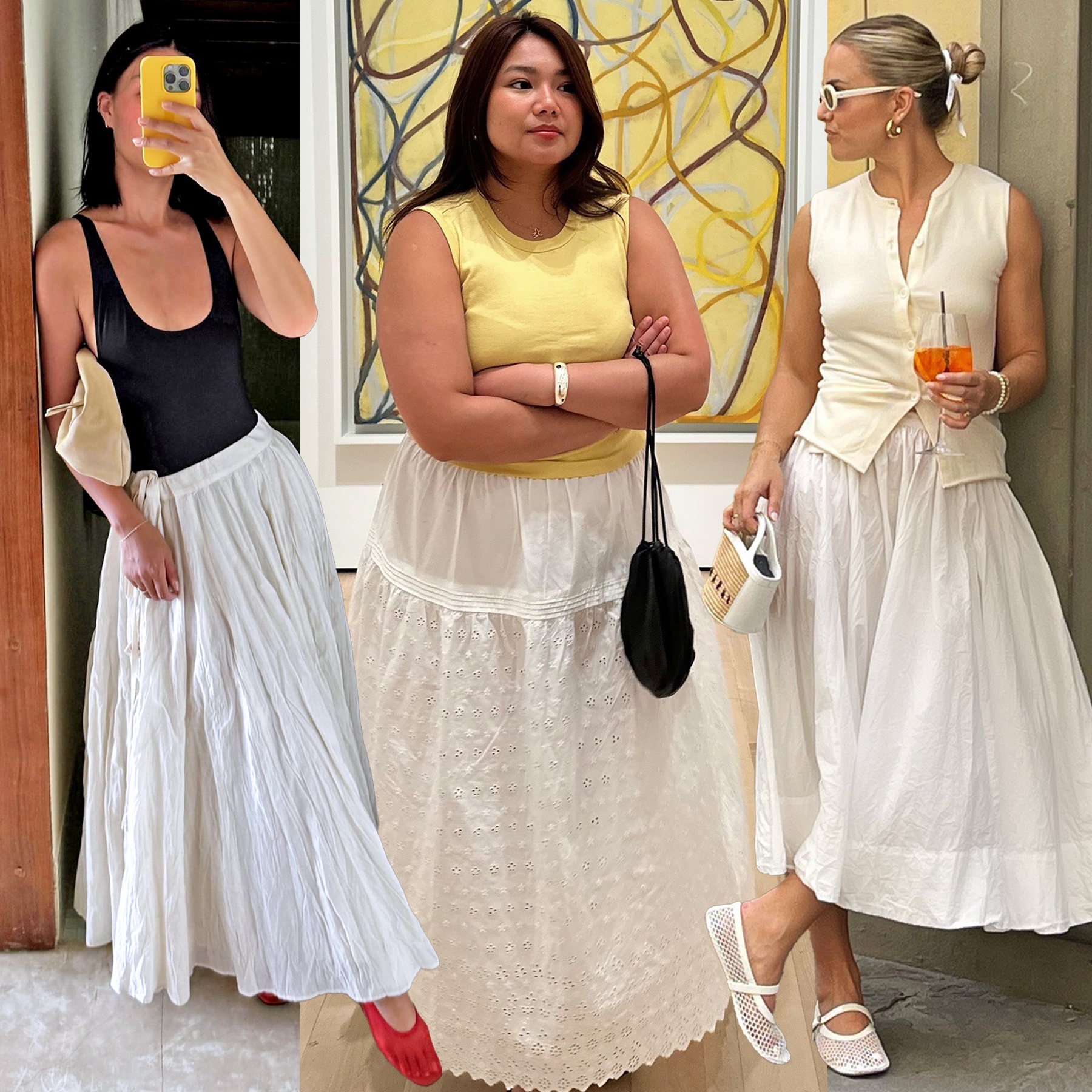 fashion collage featuring three style influencers including Mimi Nguyen, Marina Torres, and Izzy Dilger all wearing chic summer outfits with full white skirts trend