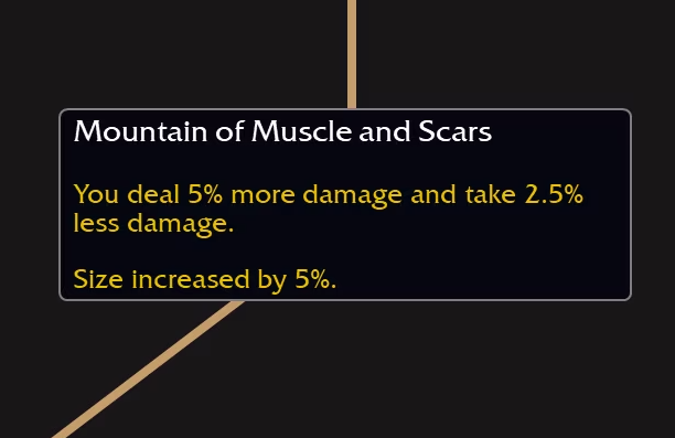 Una imagen que muestra el nodo Montaña de músculos y cicatrices en el árbol de héroes del coloso en World of Warcraft: The War Within, que aumenta tu tamaño en un 5 %.