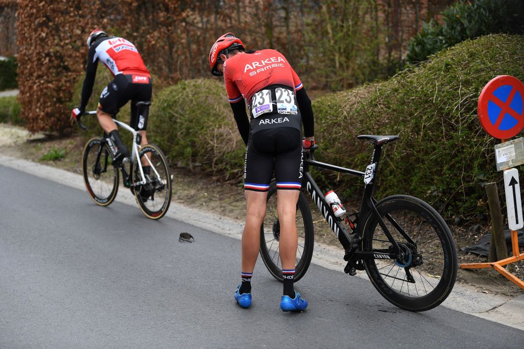 OUDENAARDE BELGIUM APRIL 04 Warren Barguil of France and Team Arka Samsic during the 105th Ronde van Vlaanderen Tour of Flanders 2021 Mens Elite a 2515km race from Antwerp to Oudenaarde Crash RVV21 rondevanvlaanderen tourofflanders on April 04 2021 in Oudenaarde Belgium Photo by Tim de WaeleGetty Images