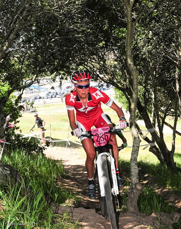 Lene Byberg (Specialized) leads through some shade trees