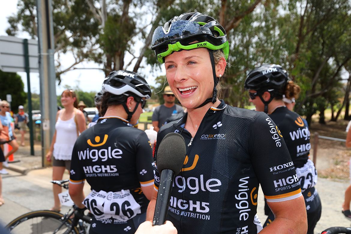 Interview time for stage winner Annette Edmondson (Wiggle High5)