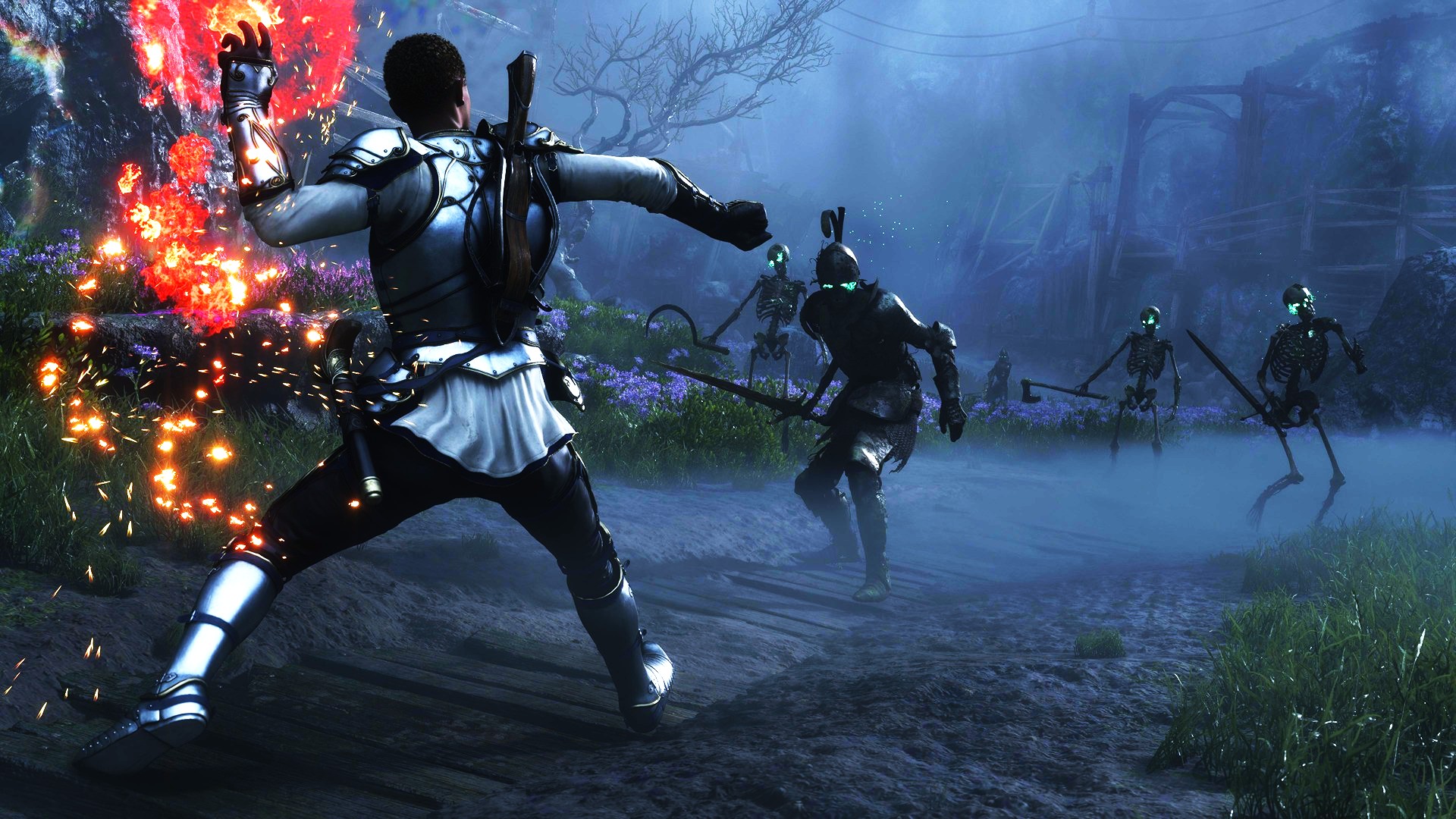 A warrior in silver armor casts a fiery spell at a group of glowing-eyed skeletons on a misty, dark path in a fantasy forest setting at twilight.