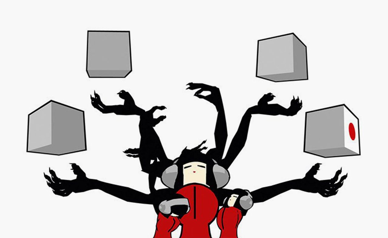 Graphic of animated people listening to music with wolverine claws behind and floating cubes