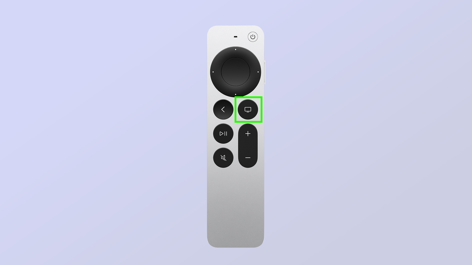 The TV button on the Apple TV remote is highlighted with a green box