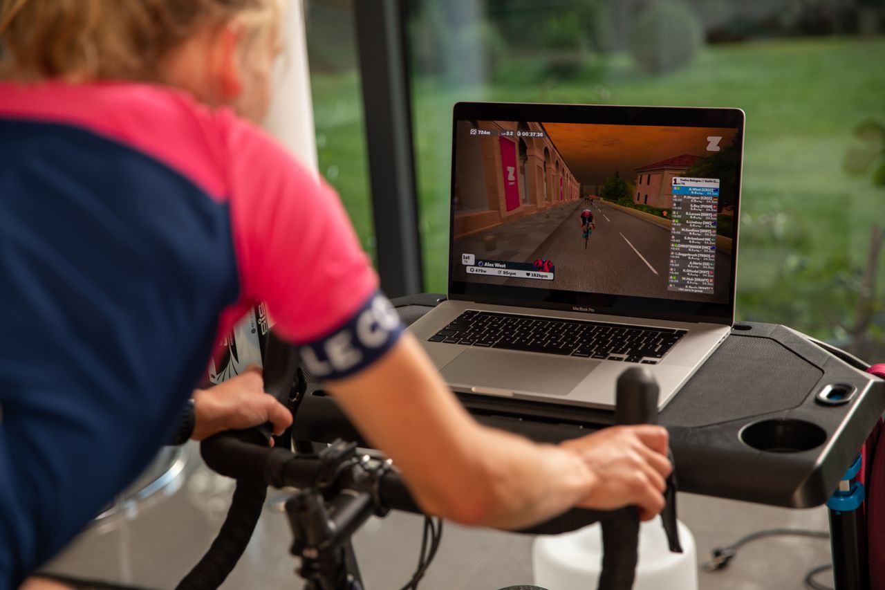 Cyclist riding indoors