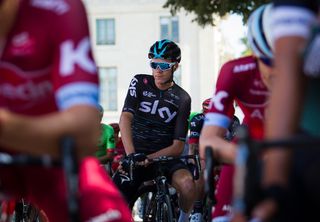 Chris Froome waits for the start of stage 2 at the Vuelta