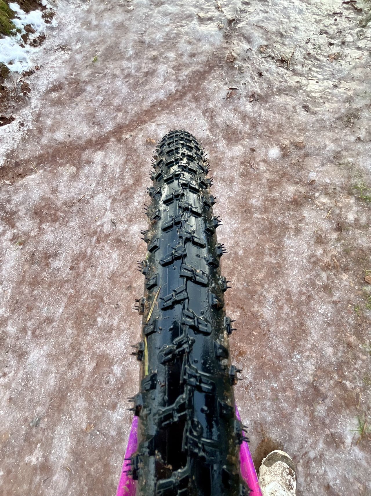 A gravel tyre on some ice
