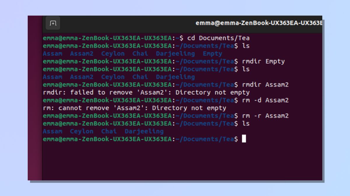 Снимок экрана, показывающий, как удалить каталоги в Linux с помощью команды Linux rm