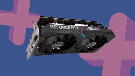 Asus RTX 3060 GPU with blue backdrop and pink plus symbols.