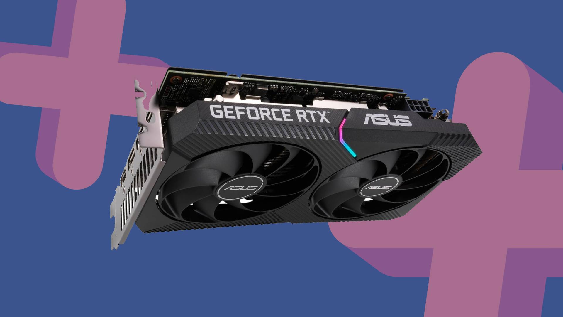 Asus RTX 3060 GPU with blue backdrop and pink plus symbols.